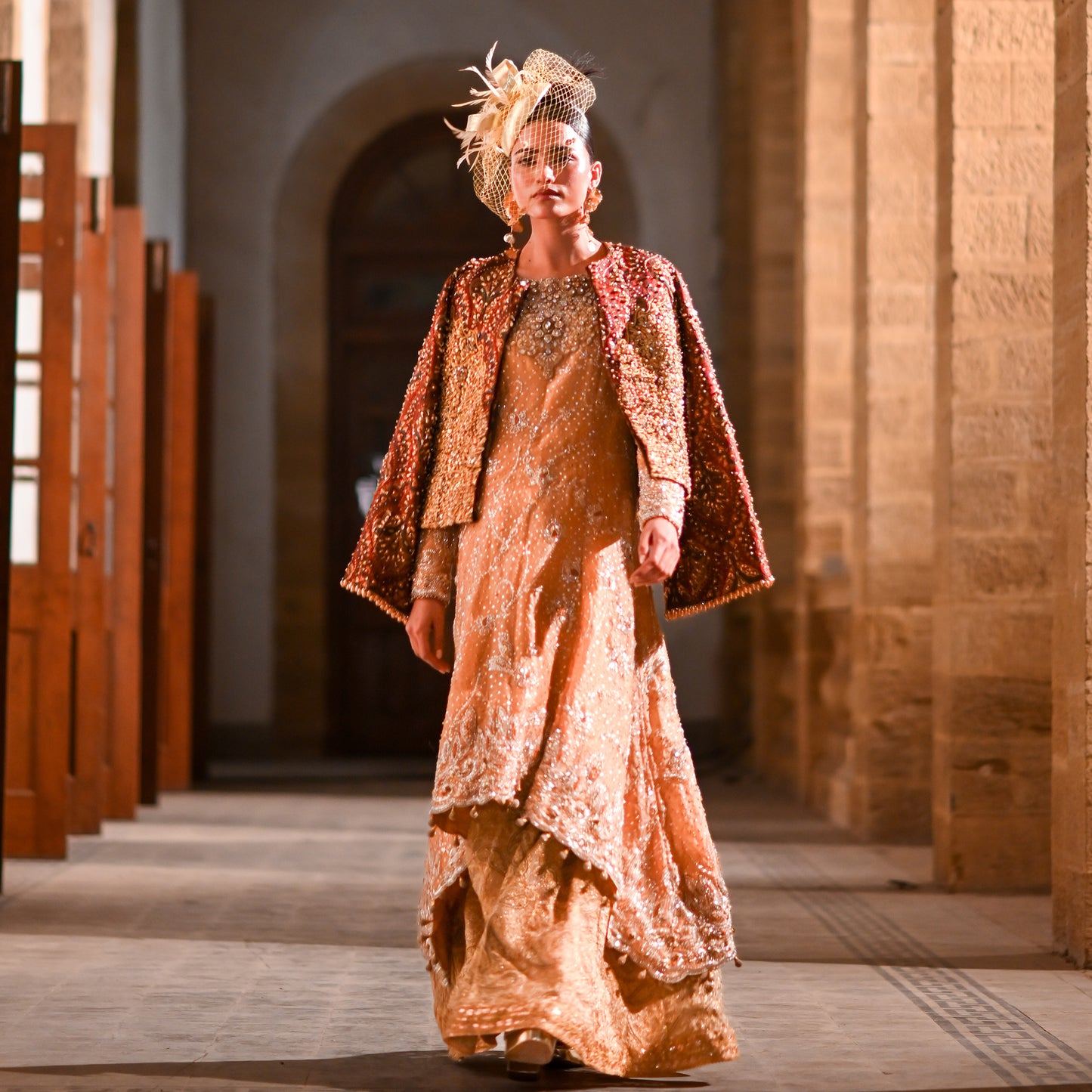 Gold Hand-Embroidered High-Low Shirt with Lehenga & Jamawar Jacket