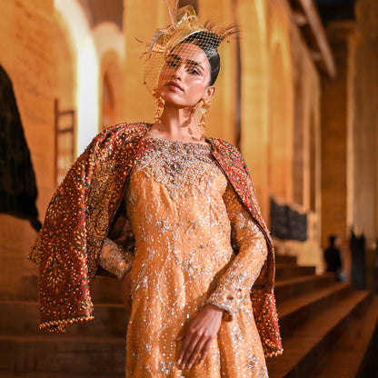 Gold Hand-Embroidered High-Low Shirt with Lehenga & Jamawar Jacket