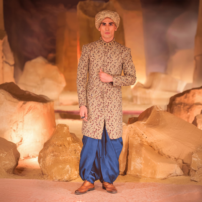 Gold Jamawar Embroidered Sherwani with Turquoise Dhoti Shalwar