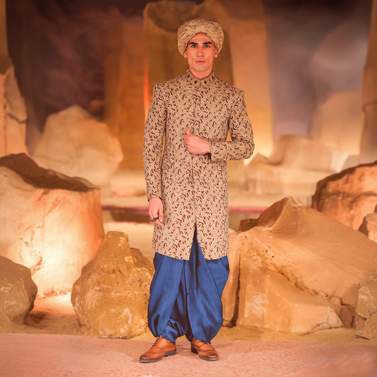 Gold Jamawar Embroidered Sherwani with Turquoise Dhoti Shalwar