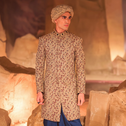 Gold Jamawar Embroidered Sherwani with Turquoise Dhoti Shalwar
