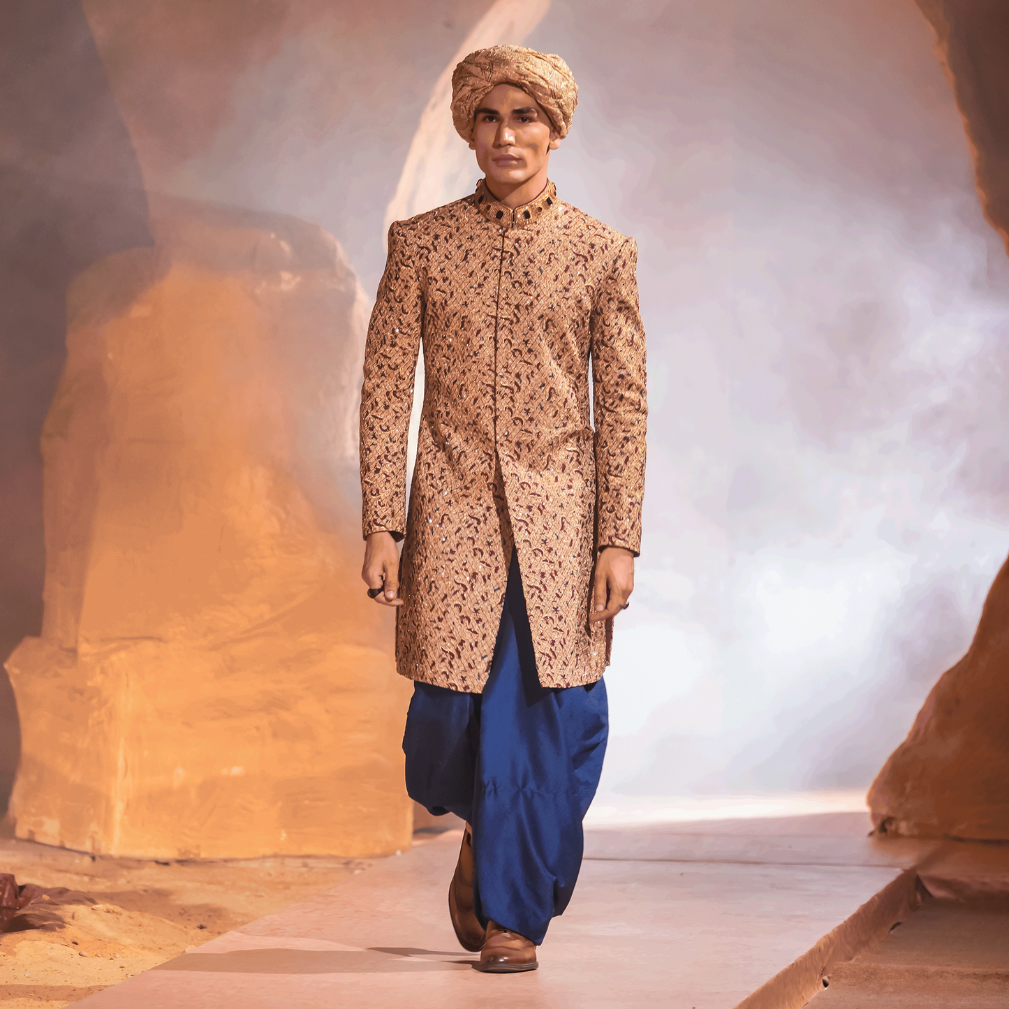 Gold Jamawar Embroidered Sherwani with Turquoise Dhoti Shalwar