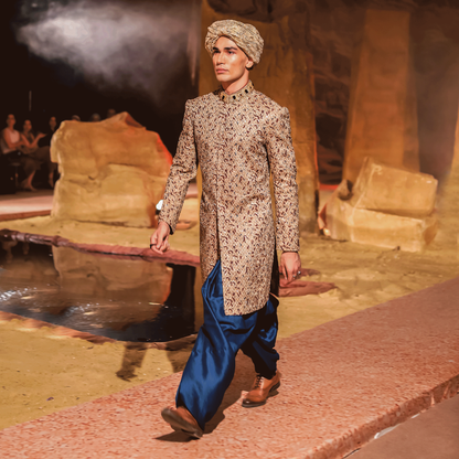 Gold Jamawar Embroidered Sherwani with Turquoise Dhoti Shalwar