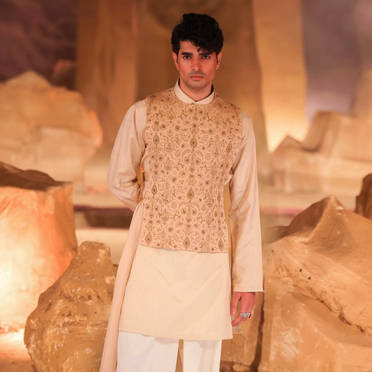 Gold Jamawar Hand-Embroidered Waistcoat with Silk Kurta and Boski Pants