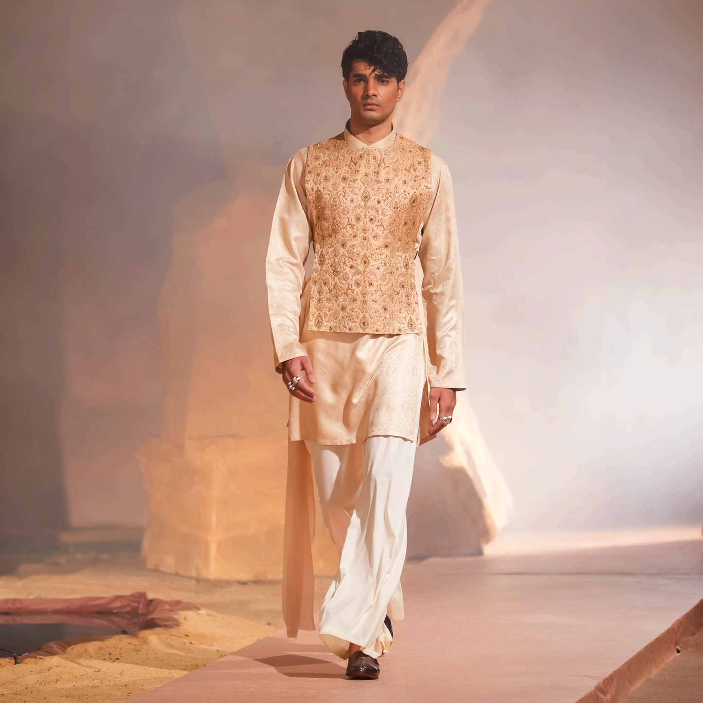 Gold Jamawar Hand-Embroidered Waistcoat with Silk Kurta and Boski Pants