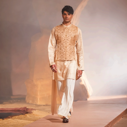 Gold Jamawar Hand-Embroidered Waistcoat with Silk Kurta and Boski Pants