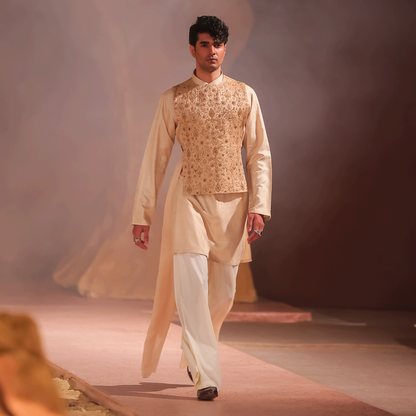 Gold Jamawar Hand-Embroidered Waistcoat with Silk Kurta and Boski Pants