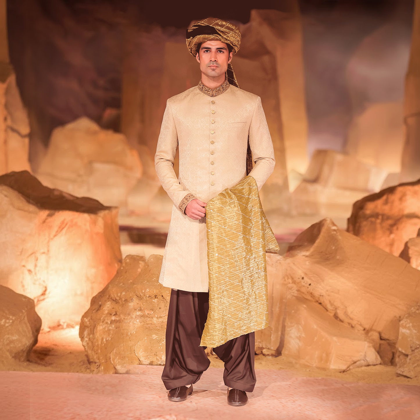 Gold Jamawar Sherwani with Brown Gher Shalwar and Green-Gold Turban