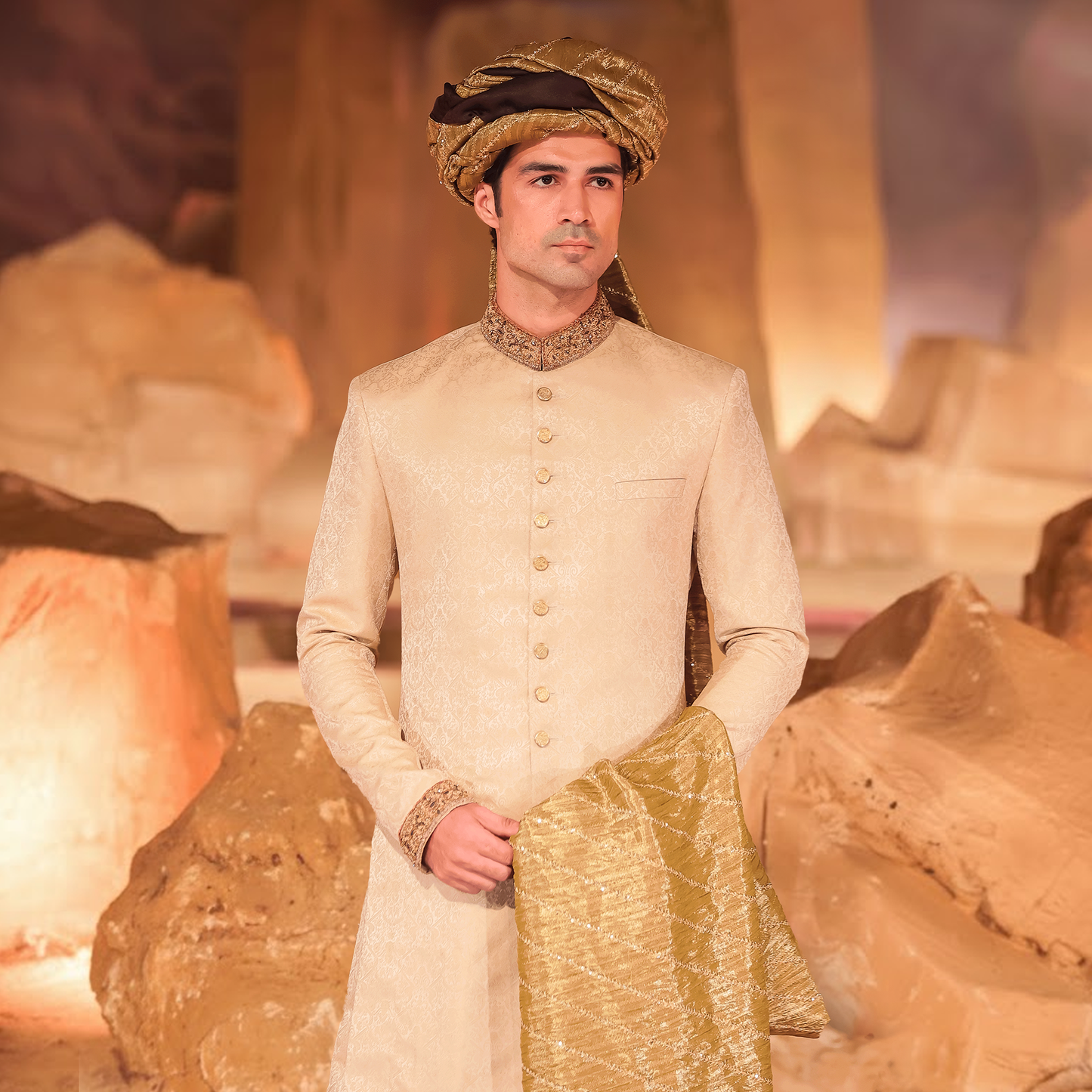 Gold Jamawar Sherwani with Brown Gher Shalwar and Green-Gold Turban