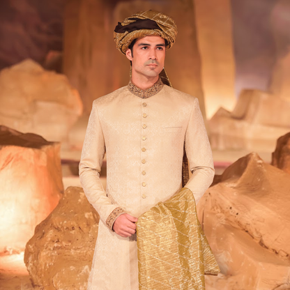 Gold Jamawar Sherwani with Brown Gher Shalwar and Green-Gold Turban