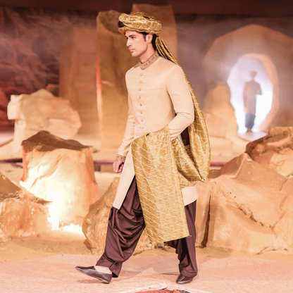 Gold Jamawar Sherwani with Brown Gher Shalwar and Green-Gold Turban