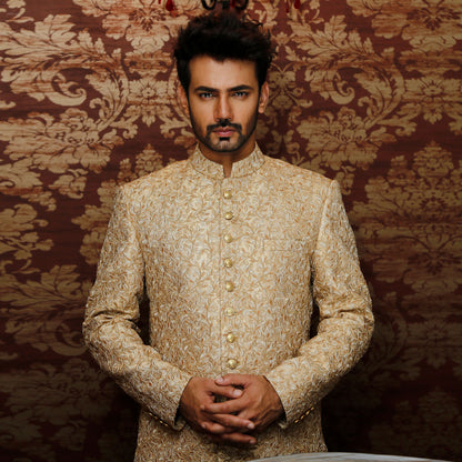 Gold  Jamawar Zari Embroidered Sherwani