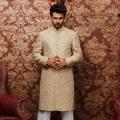 Gold  Jamawar Zari Embroidered Sherwani