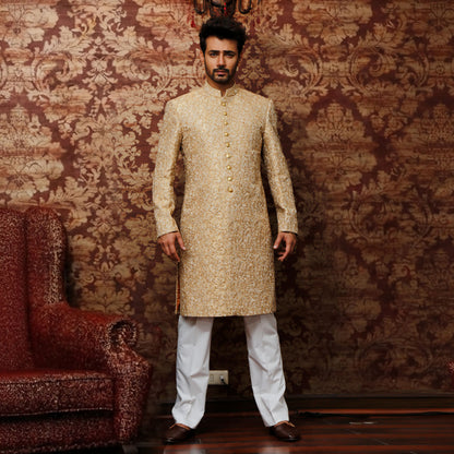 Gold  Jamawar Zari Embroidered Sherwani