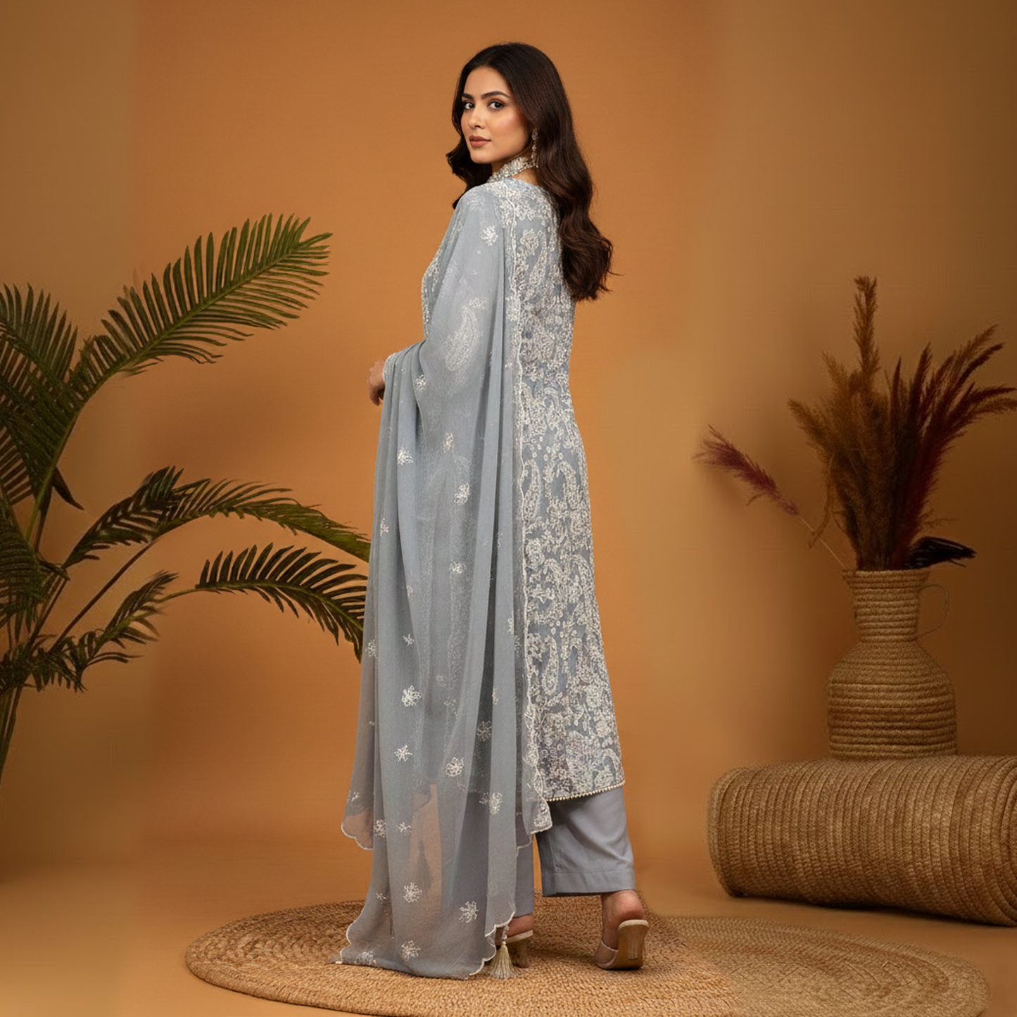 Grey Paisley Emb 3 pc Dress