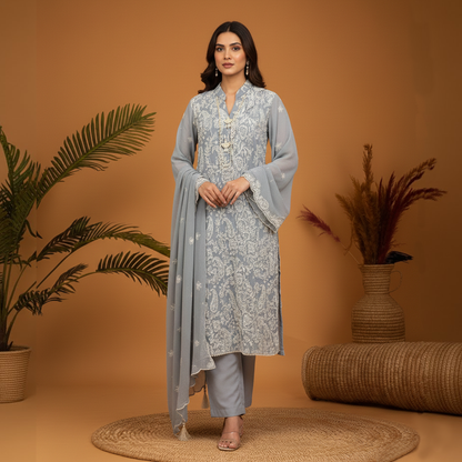 Grey Paisley Emb 3 pc Dress