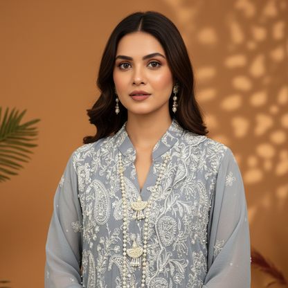 Grey Paisley Emb 3 pc Dress