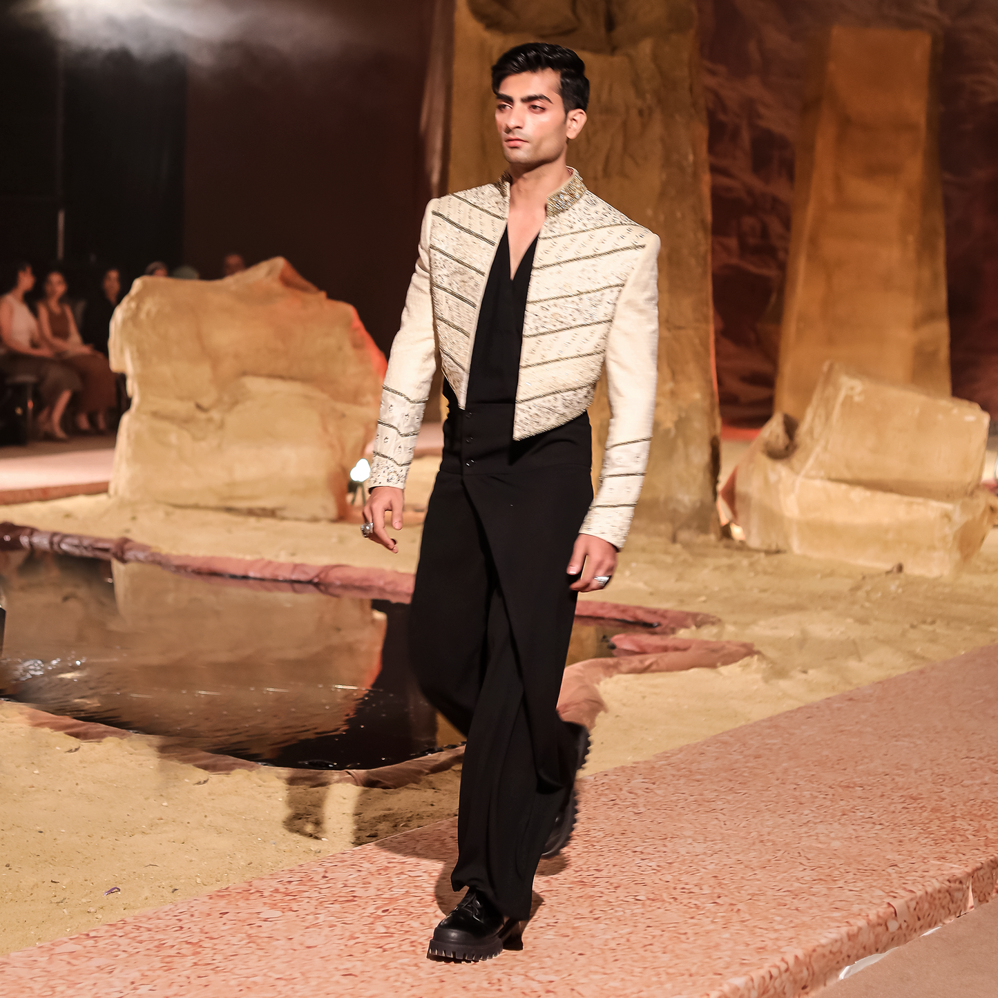 Hand-Embroidered Cropped Jacket with Origami Pants