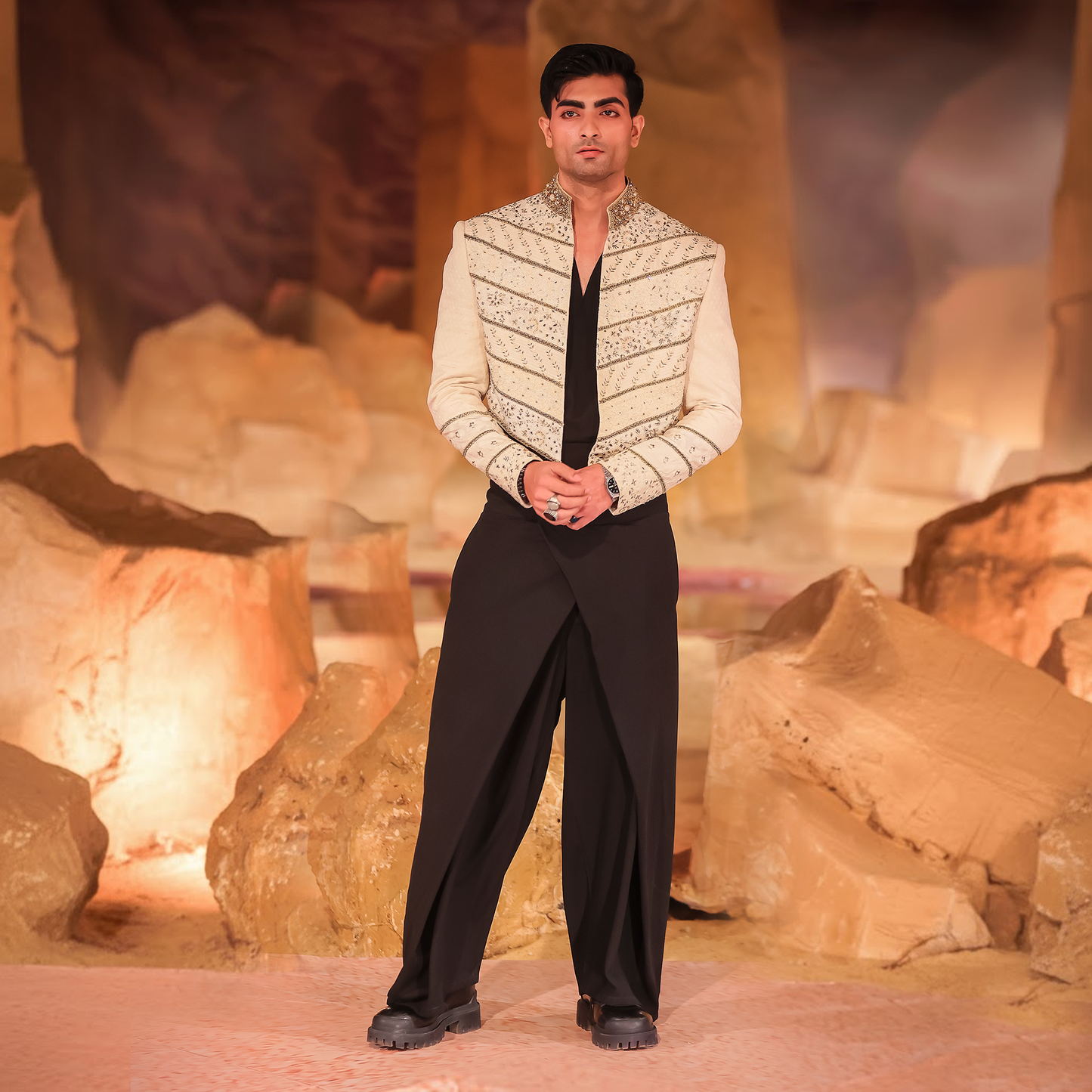 Hand-Embroidered Cropped Jacket with Origami Pants