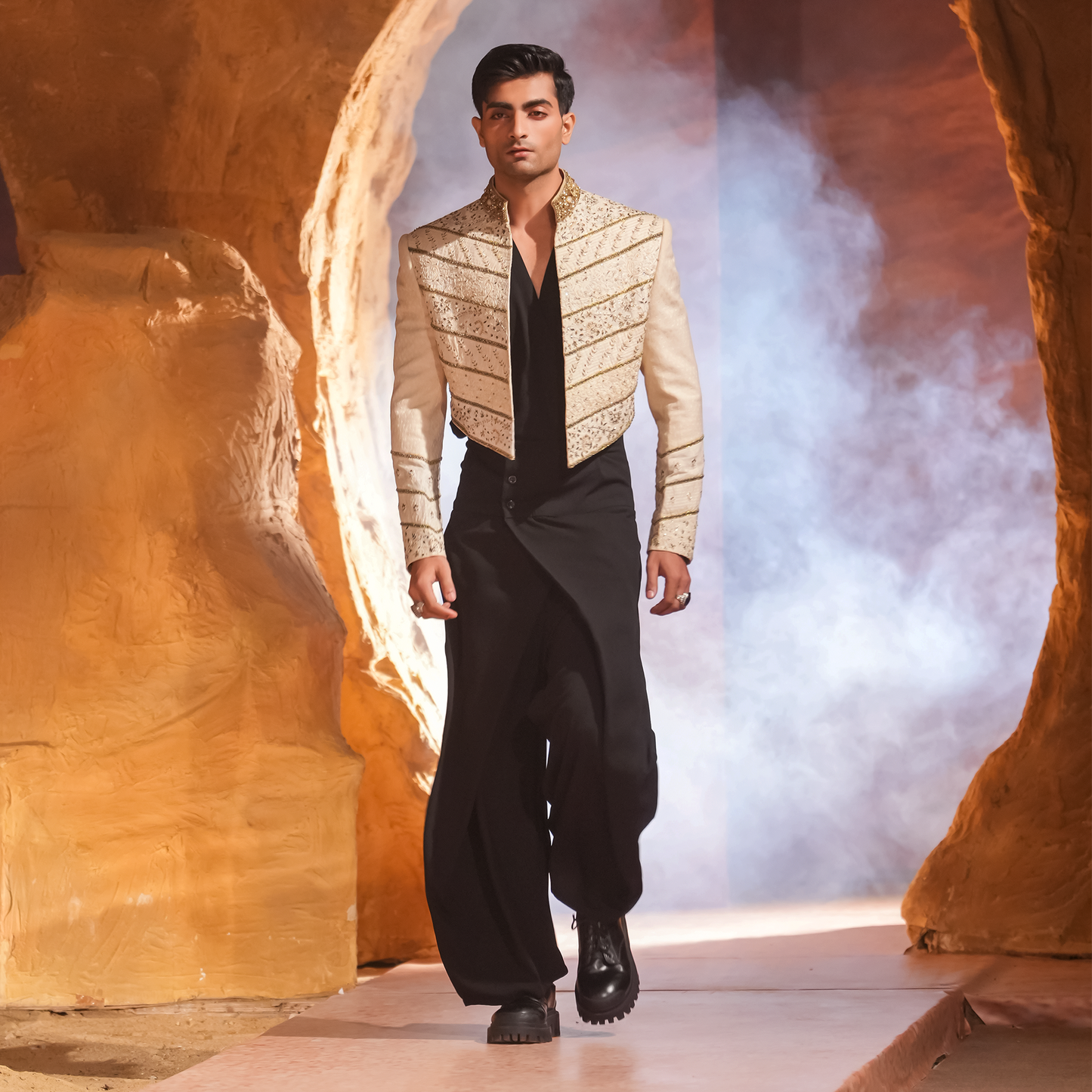 Hand-Embroidered Cropped Jacket with Origami Pants