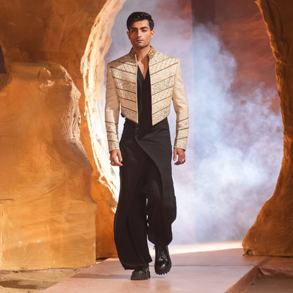 Hand-Embroidered Cropped Jacket with Origami Pants