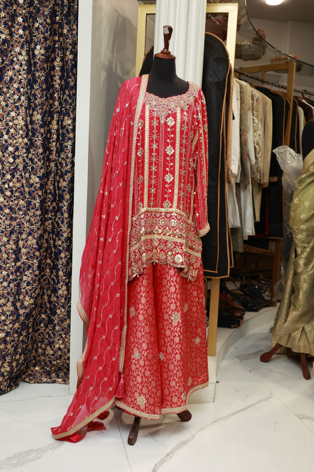 Hot Pink Emb Short Shirt 3 Pc Dress