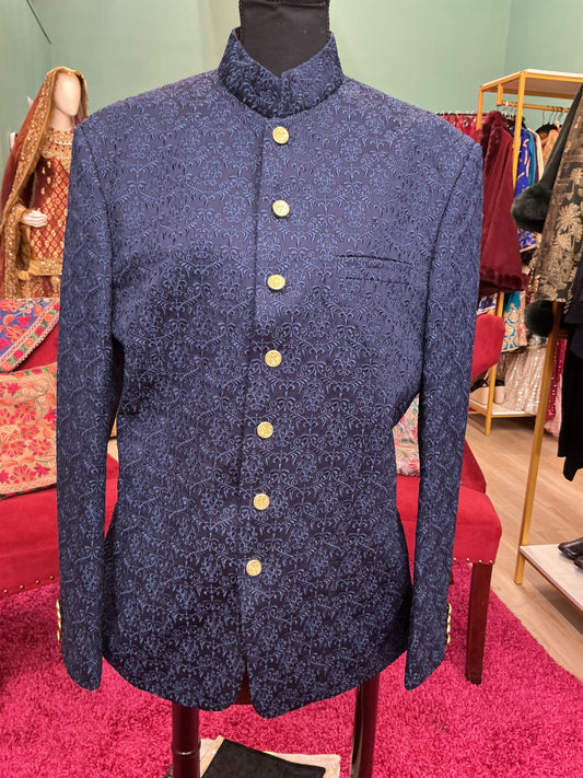 Deep Blue Textured Jamawar Prince Jacket