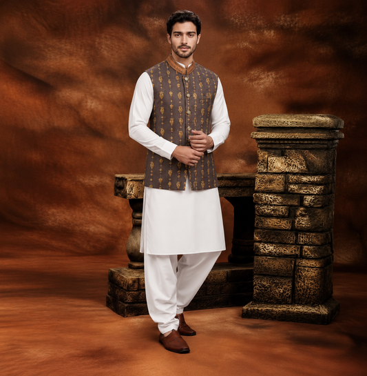 Premium Jamawar Rust Brown Embroidered Traditional Waistcoat