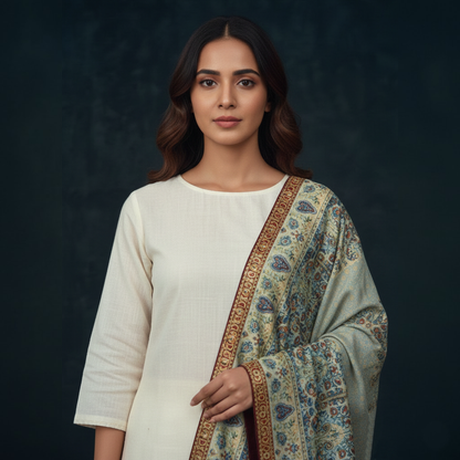 Ice Green and Gold Masori Jamawar Emb Shawl