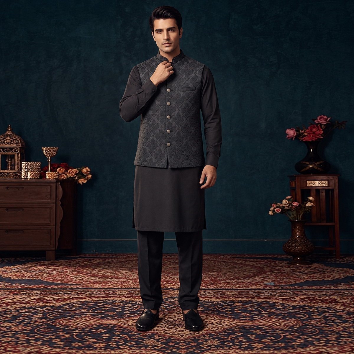 Jamawar Black Modern Waistcoat