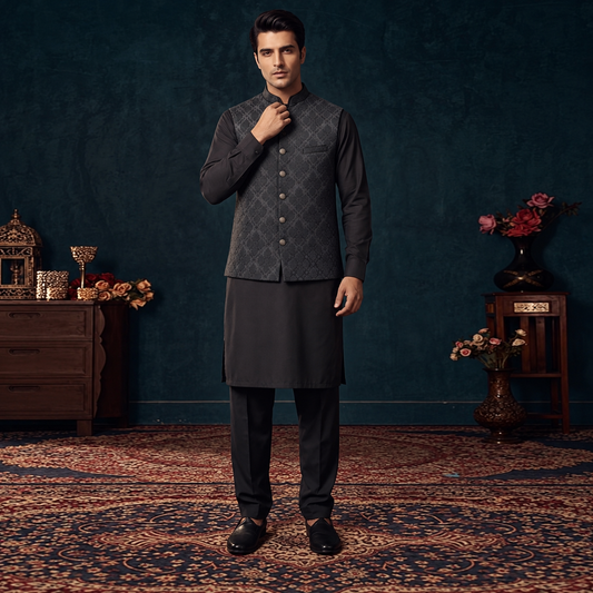 Jamawar Black Modern Waistcoat