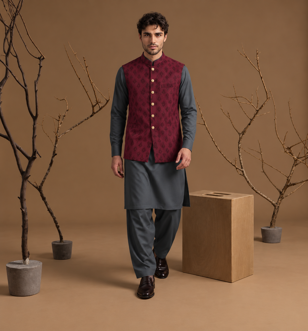 Jamawar Dark Maroon Traditional Waistcoat