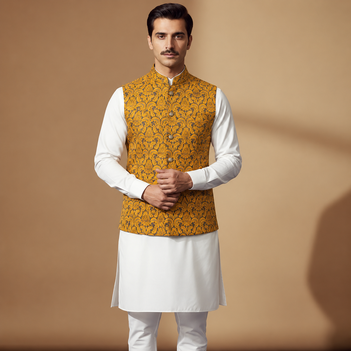Jamawar Mustard Traditional Waistcoat