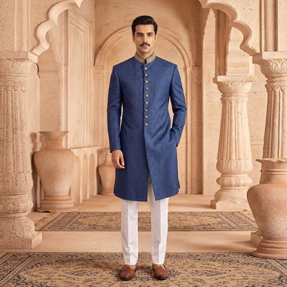 Jamawar Navy Peony Traditional Sherwani