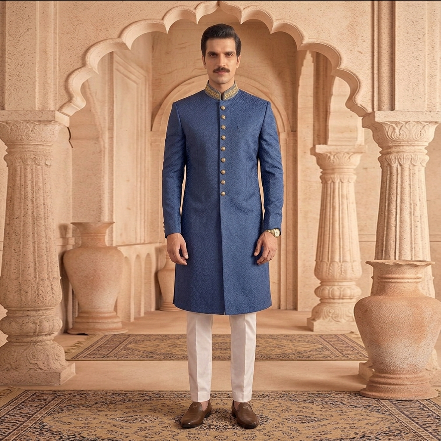 Jamawar Navy Peony Traditional Sherwani