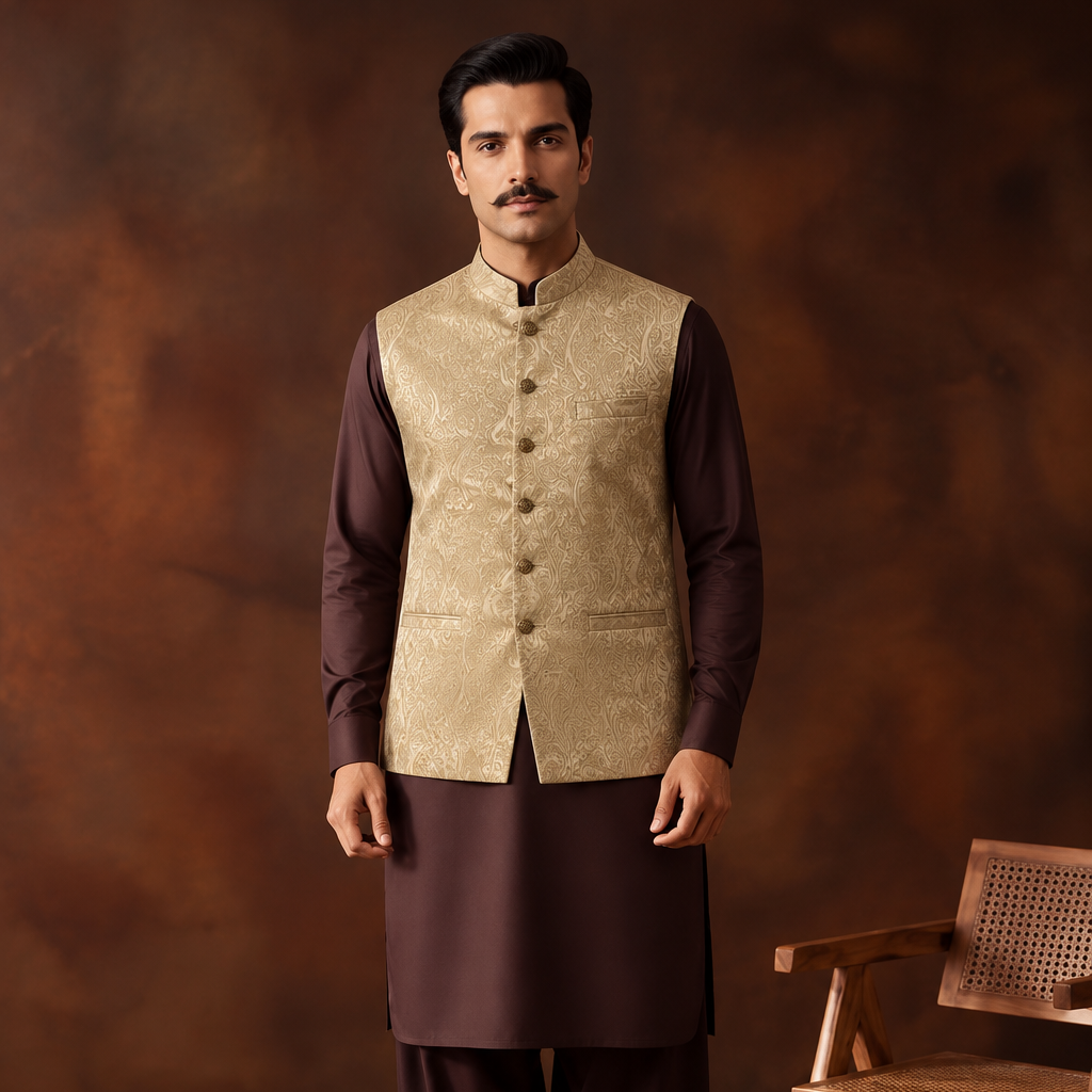 Karandi Almond Buff Traditional Waistcoat