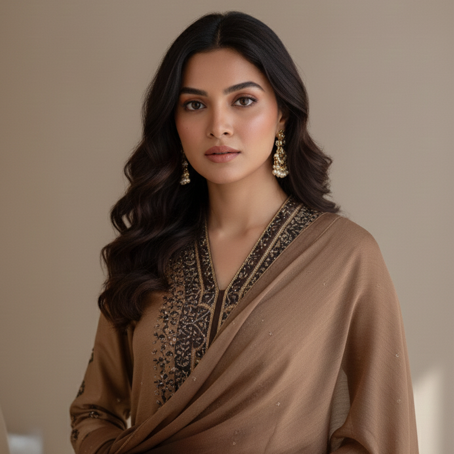 Light Brown and Dark Brown Silk 3 Pc Dress – Amir Adnan
