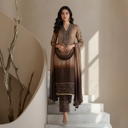Light Brown and Dark Brown Silk 3 Pc Dress