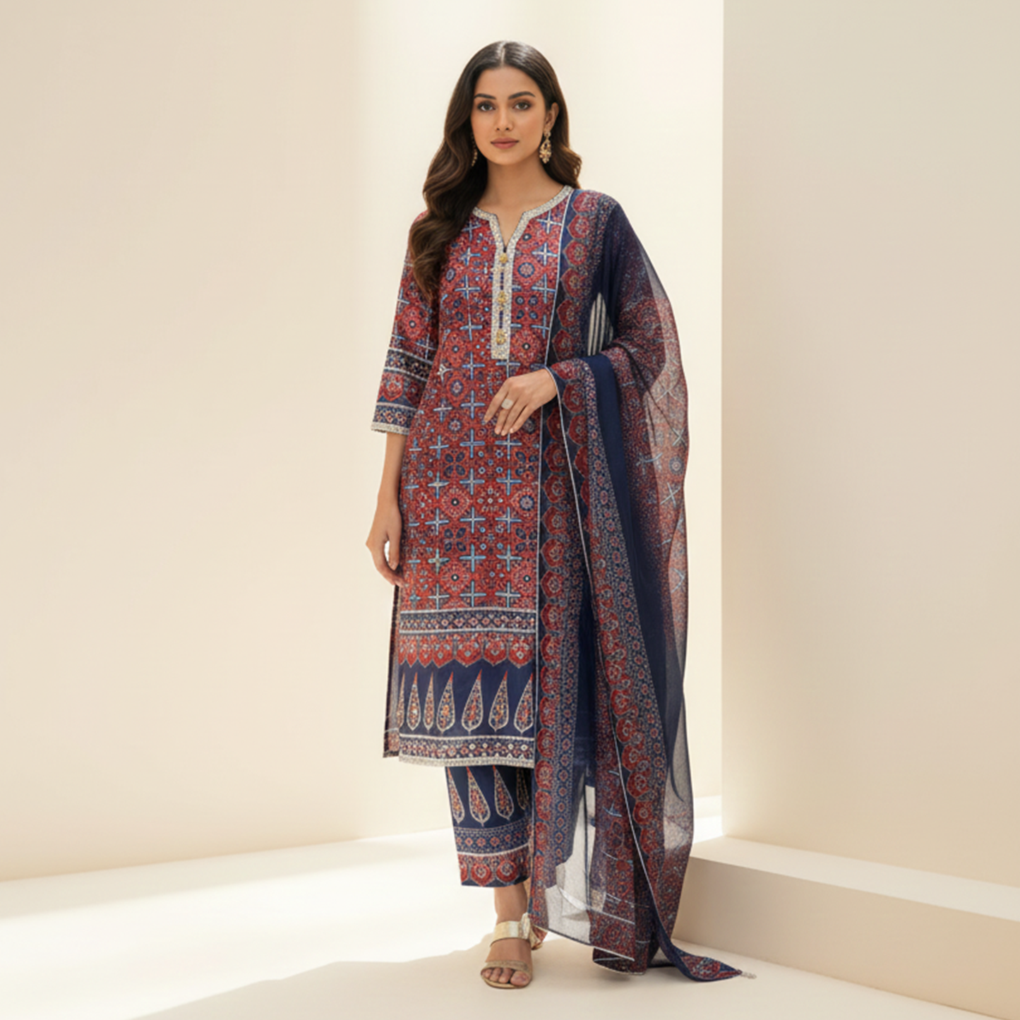 Maroon Ajrak Print Silk 3 Pc Dress