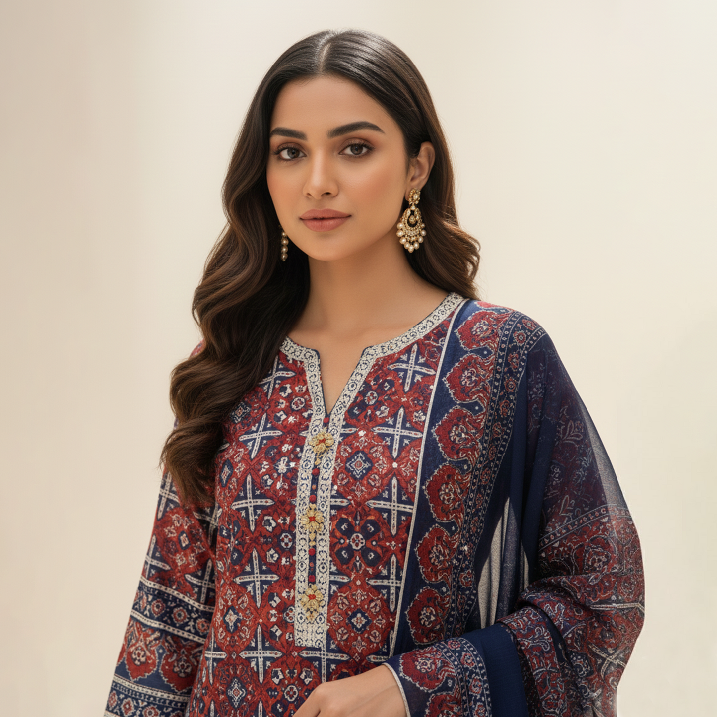 Maroon Ajrak Print Silk 3 Pc Dress