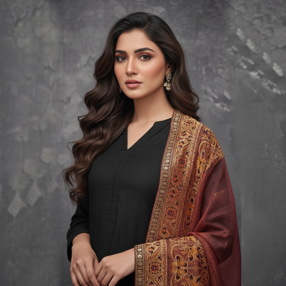 Maroon Masori jamawar Emb Shawl