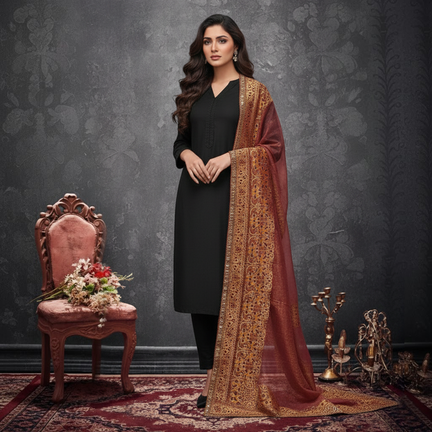 Maroon Masori jamawar Emb Shawl