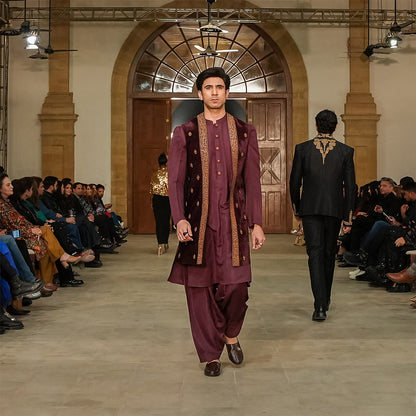 Maroon Velvet Cape Embroidered waistcoat with coat-style sleeves,