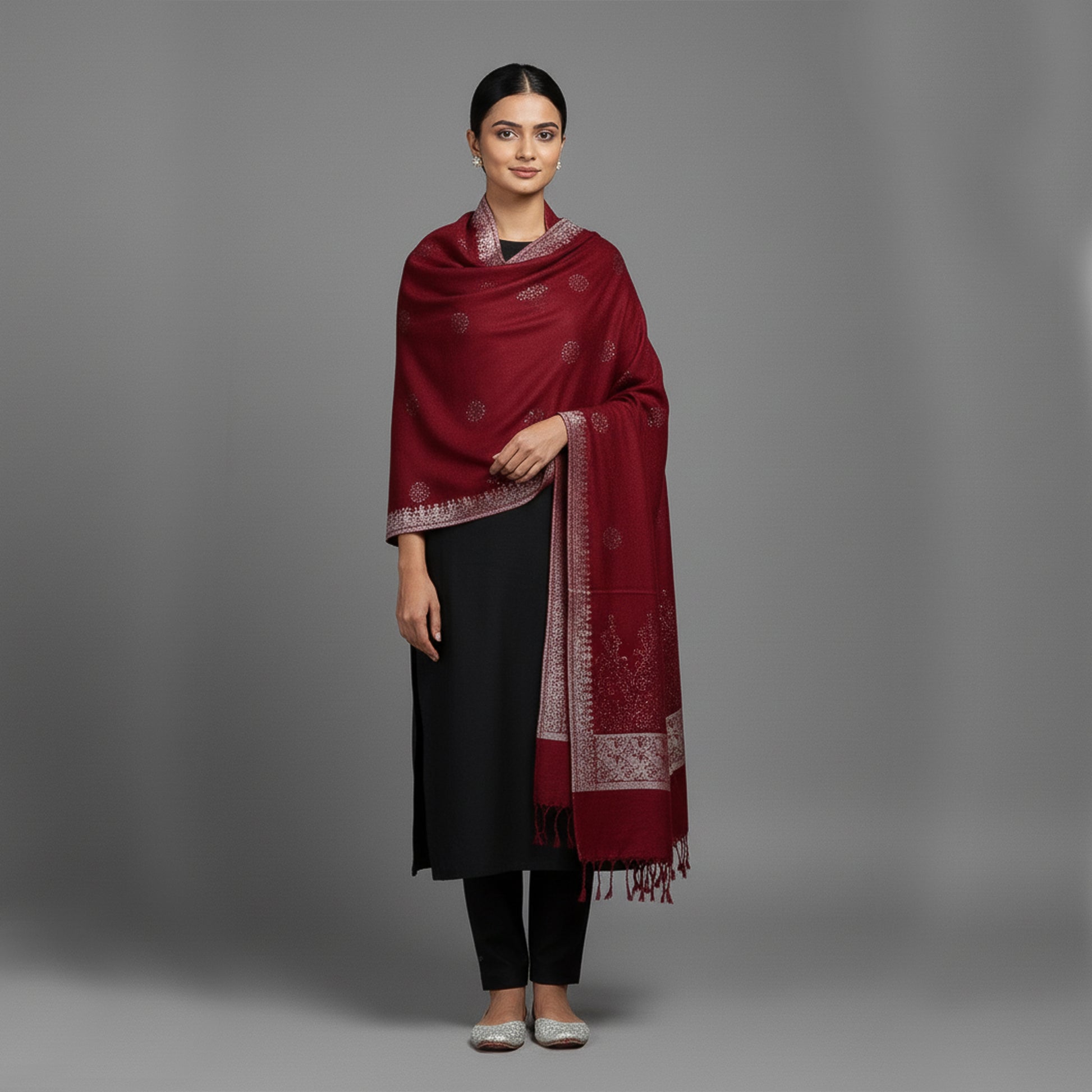 Woman wearing a red patterned Shawl 