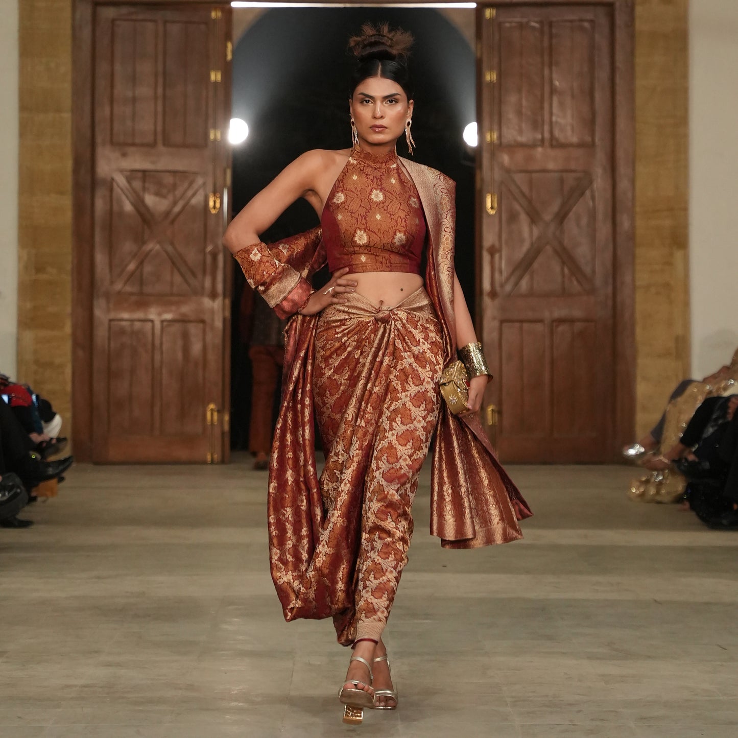 Maroon & Gold Jamawar Halter Neck Blouse with Dhoti Style Saree