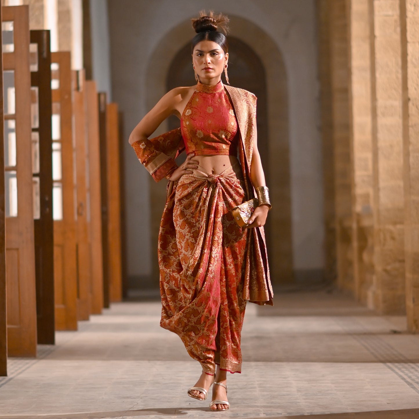 Maroon & Gold Jamawar Halter Neck Blouse with Dhoti Style Saree