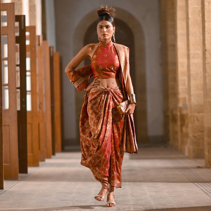 Maroon & Gold Jamawar Halter Neck Blouse with Dhoti Style Saree