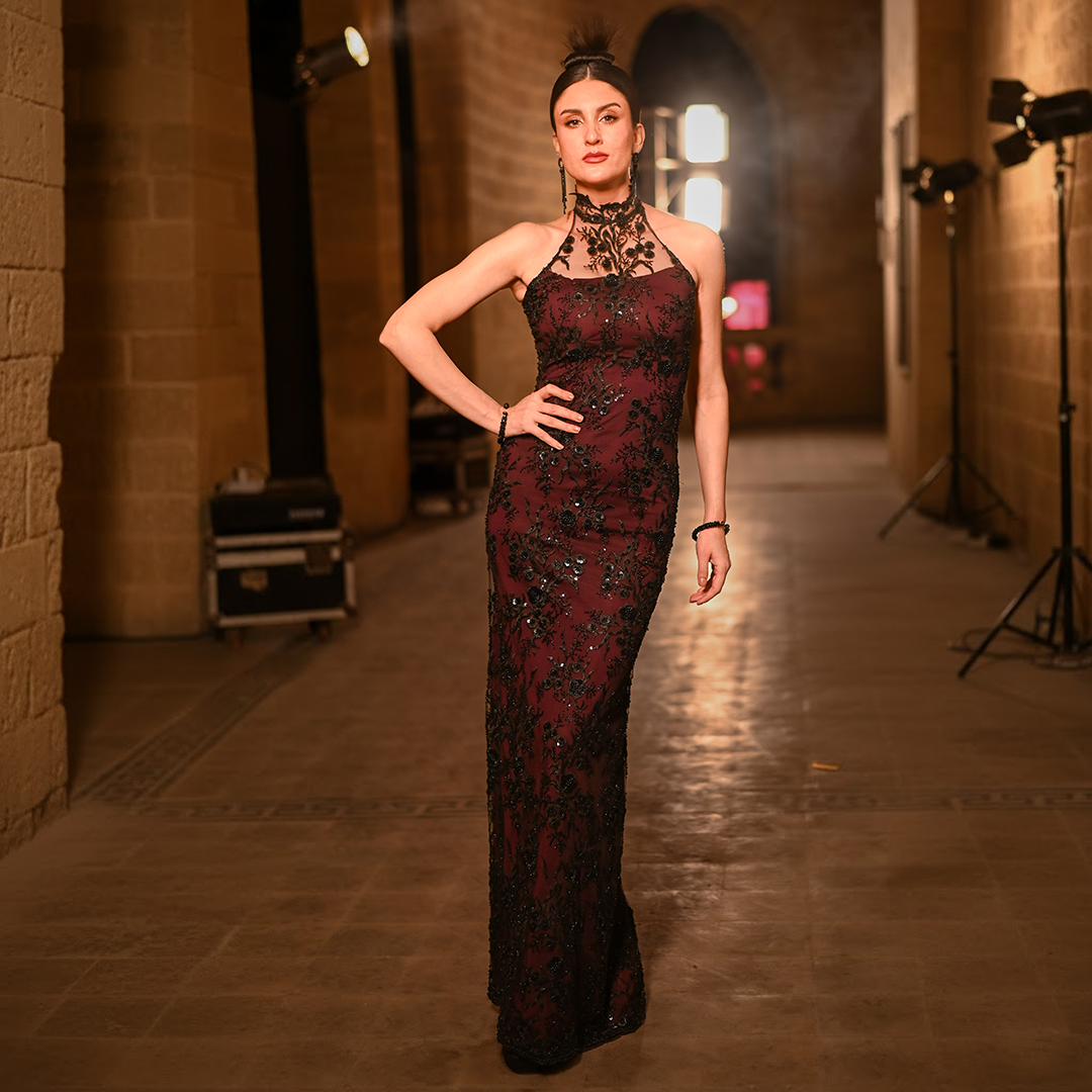 Maroon and Black Body-Contouring Couture Net Dress