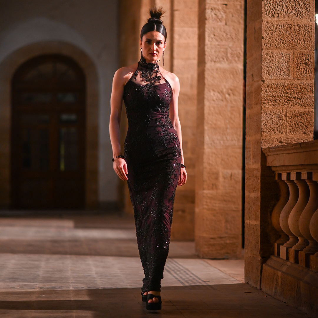 Maroon and Black Body-Contouring Couture Net Dress