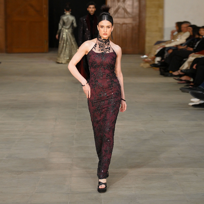 Maroon and Black Body-Contouring Couture Net Dress